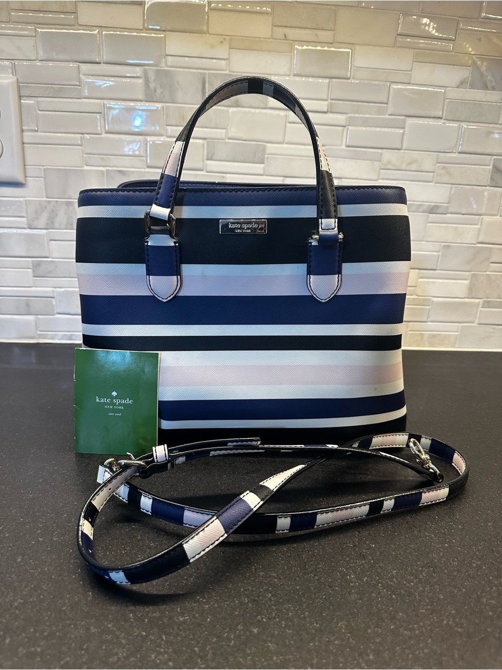 kate spade Navy, White & Light Pink Striped Satchel